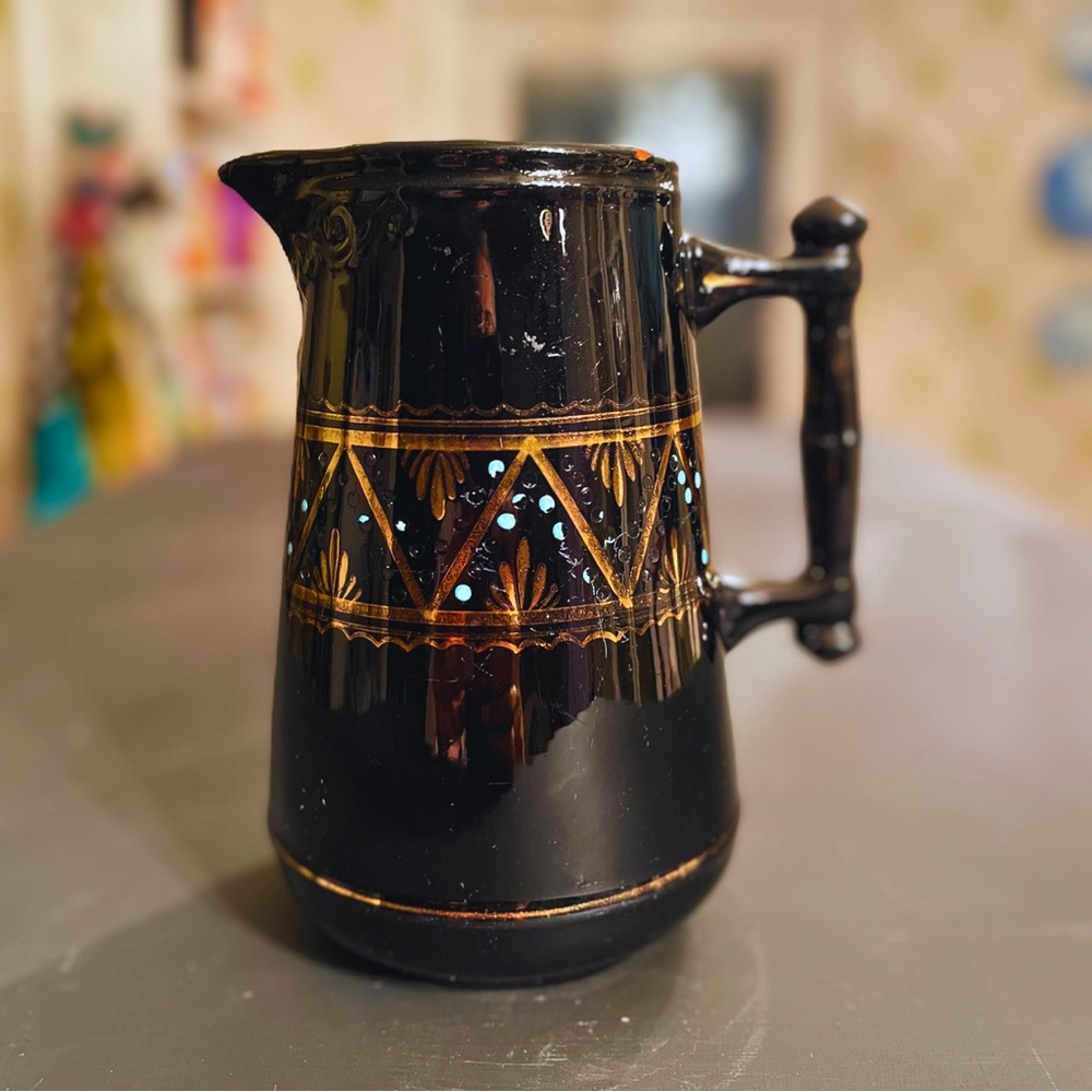 Victorian Jackfield Gold Gilt & Turquoise Enamel Jet Black Milk Jug - 1880's